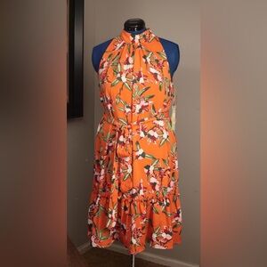 Sam Edelman High-Neck Tiered Midi Dress Multicolor Floral Sleeveless‎ Vacay Sz L